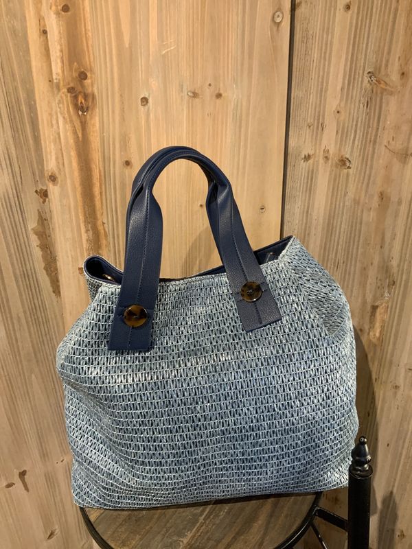 Hand Bag, Whicker Weave Blue/Bone