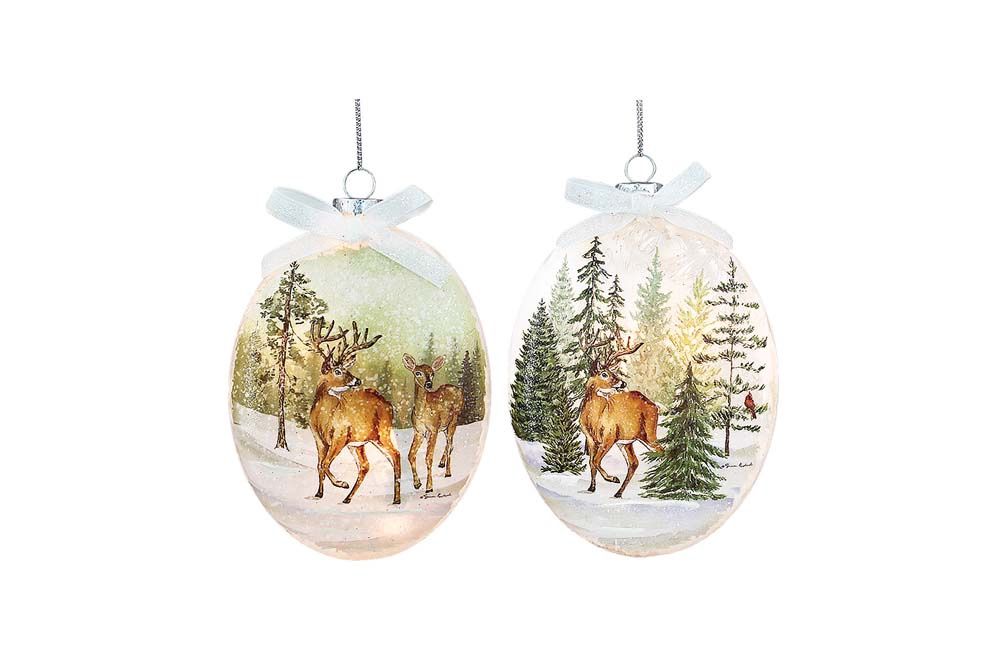 Ornament, Buck &amp; Doe Oval "Lightable" Glass 4.7"