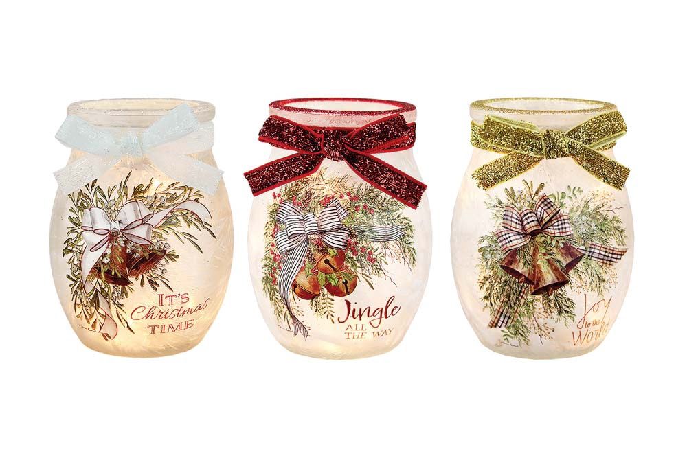 Luminary, Holiday Bells Pre-Lit Small Jar w/Bow 3x4"