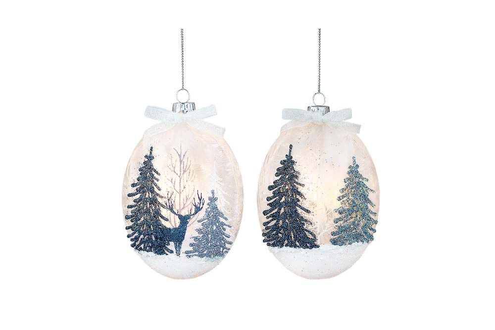 Ornament, Winter Blue Forest Oval "Lightable" Glass 3.5"x4.7"