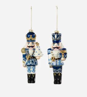 Ornament, Blue/White Nutcracker 2 Asst Glass 8.5&quot;