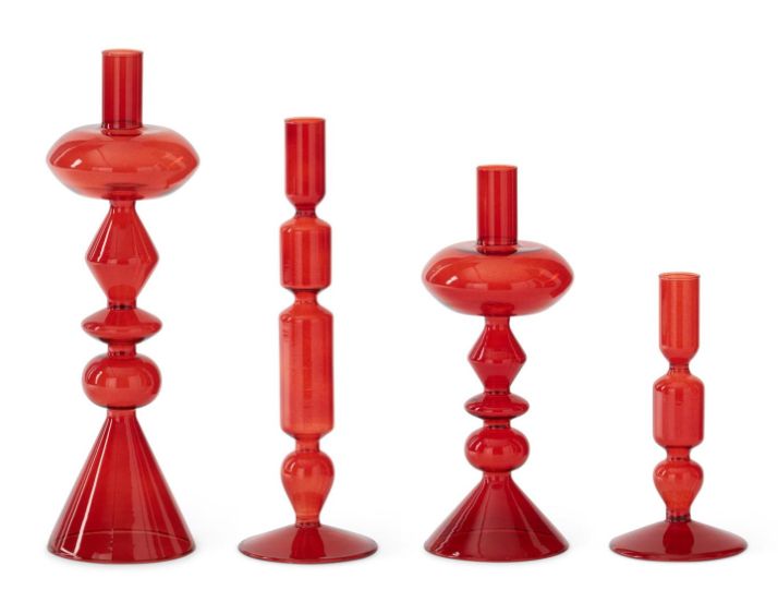 Candle Holder, Set/4 Handcrafted Red Glass Taper