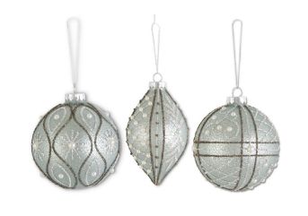 Ornament, Light Sage Glittered Glass w/Pearls