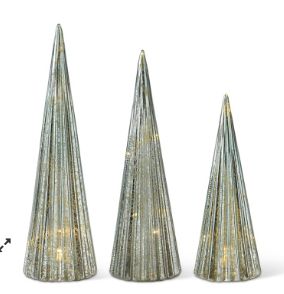 Trees, Set/3 Sage Green Mercury Glass Ribbed LED 8.75/10.75/11.75&quot;