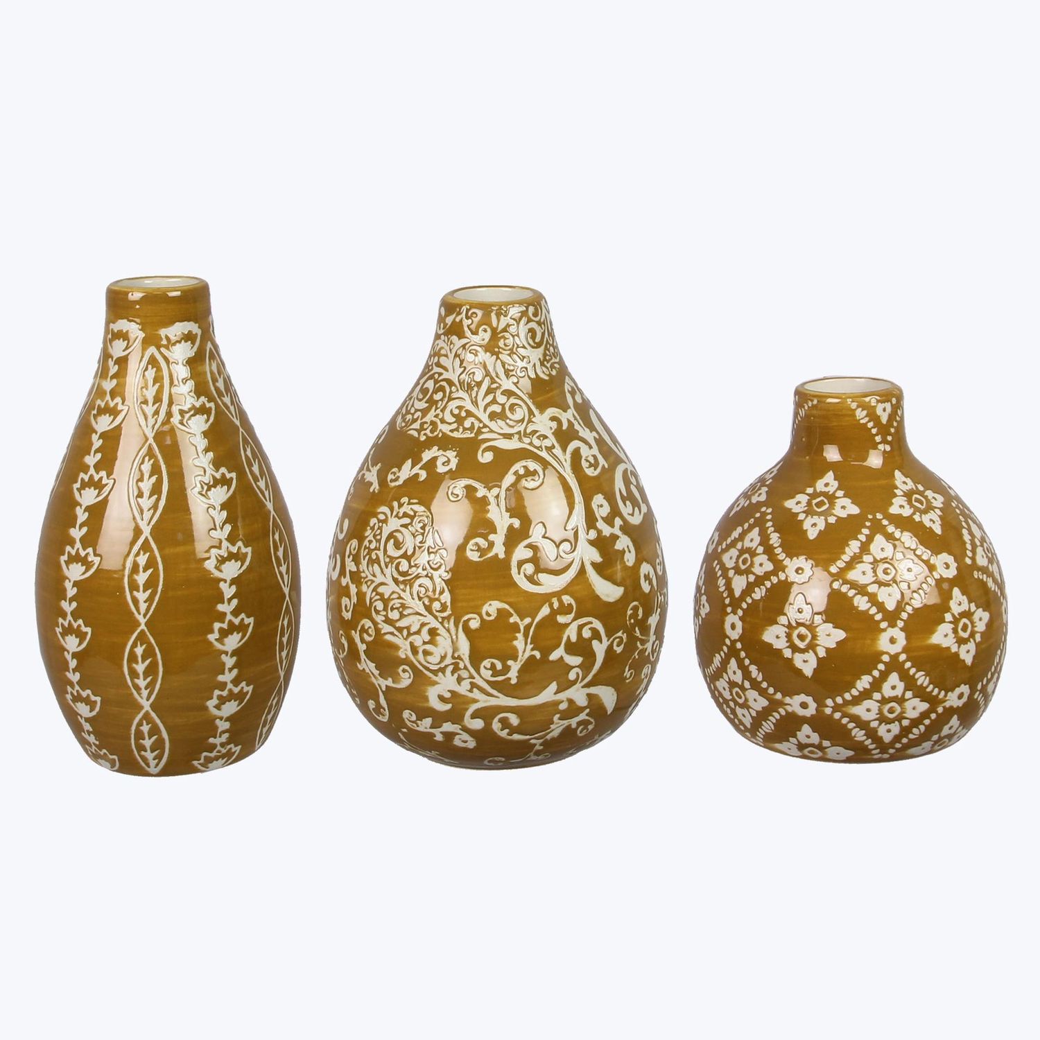 Vase, Mustard Stoneware Mini Hand Stamped 3 Asst