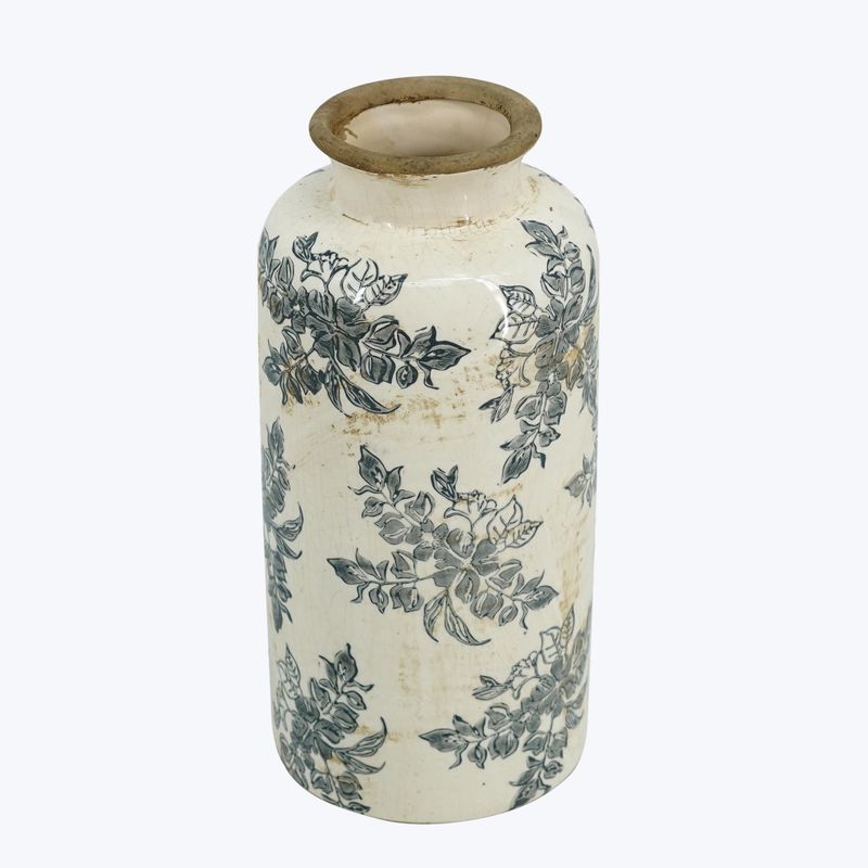 Vase, Ceramic Black &amp; Cream Vintage Vine Print 12&quot;