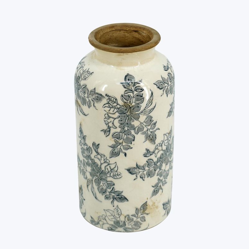 Vase, Ceramic Black &amp; Cream Vintage Vine Print 10.5&quot;