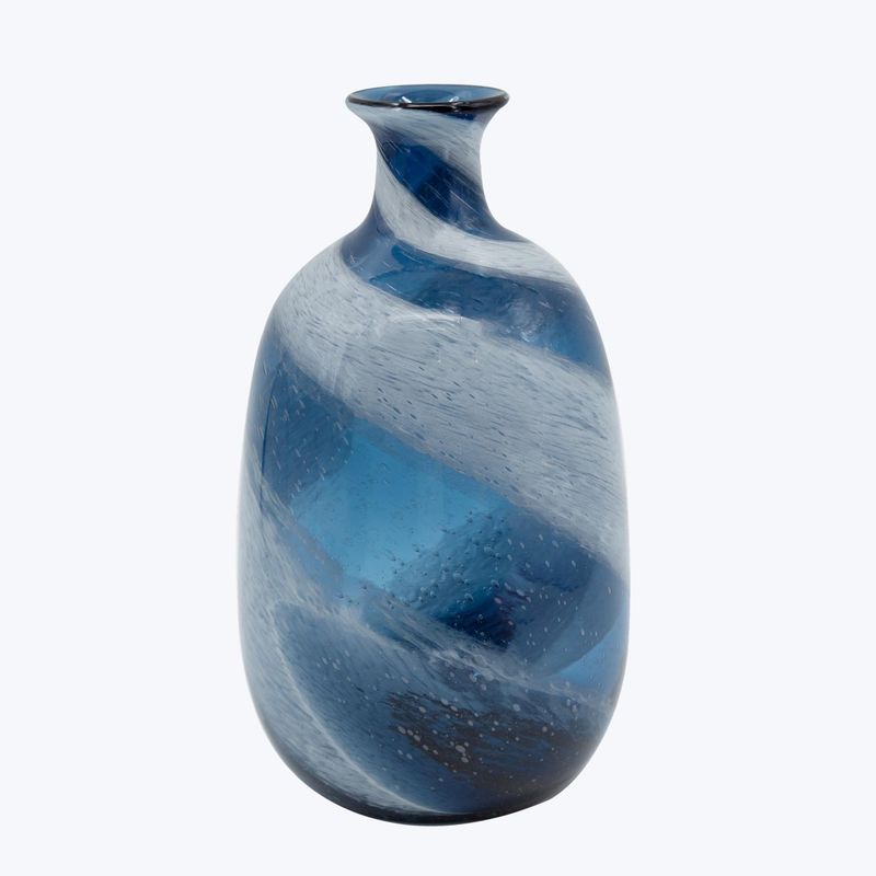 Vase, Hand Blown Blue Glass w/White Swirl 13&quot;