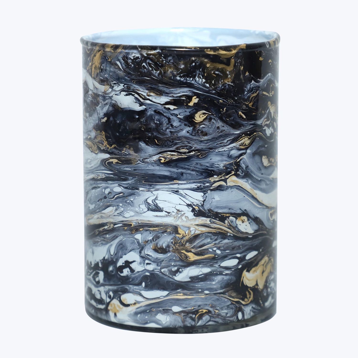 Candle Holder, Blk/Gld Glass Marble Pattern