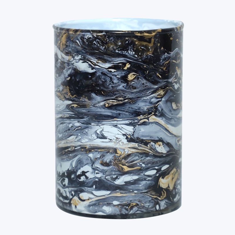 Candle Holder, Blk/Gld Glass Marble Pattern