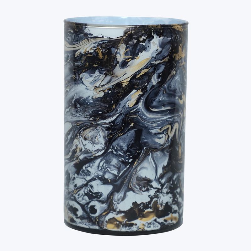 Candle Holder, LG Black &amp; Gold Marble Pattern Glass Cylinder