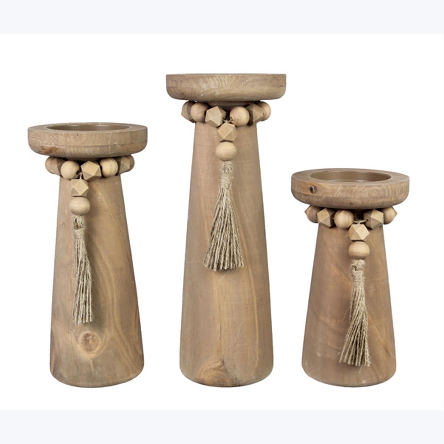 Candle Holder, Set/3 Wood Pillar w/Blessing Bead Tassel