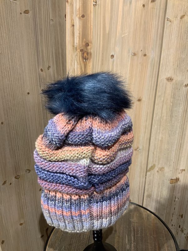 Beanie, Lavender Fields w/Fleece Lining Faux Fur Pom