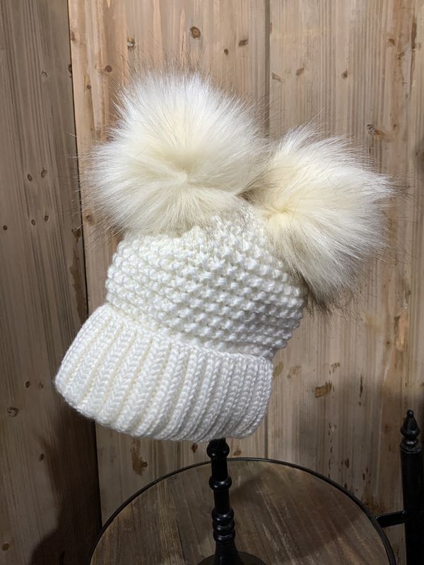 Beanie, Double Faux Fur Pom Asst Colors