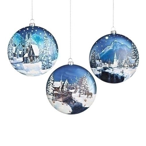 Ornament, 5" Flat Disc Scenic Blue Sky/Deer Scene 3 Asst