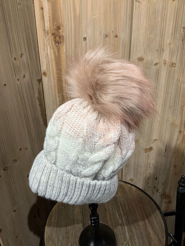 Beanie, Faux Fur Pom Platinum/Wht/Pink Mix