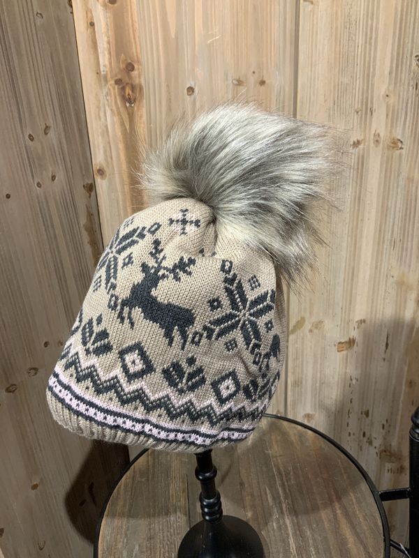 Beanie, Faux Fur Pom Deer Pattern 2 Asst
