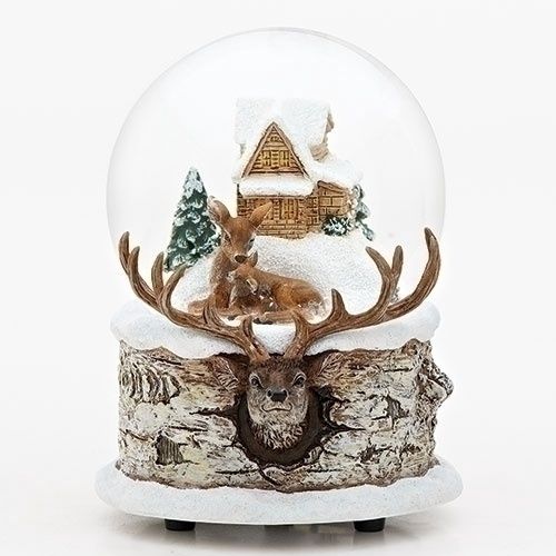 Snow Globe, 5.5&quot; Musical Family deer w/Deer Head Base