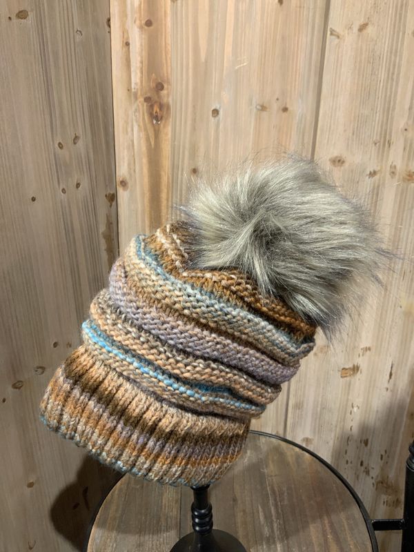 Beanie, Fleece Lining Faux Fur Pom Asst Colors