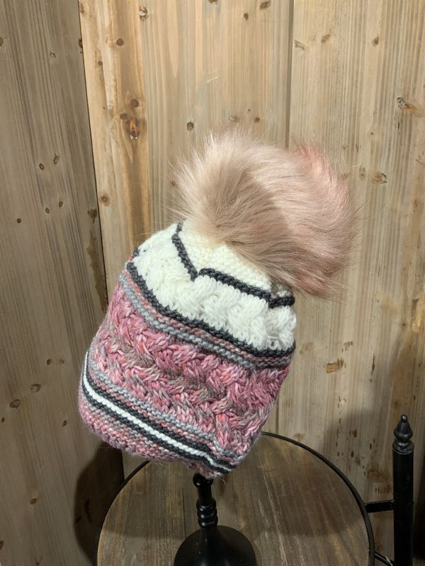 Beanie, Faux Fur Pom Colorful Knit Pattern Asst Colors