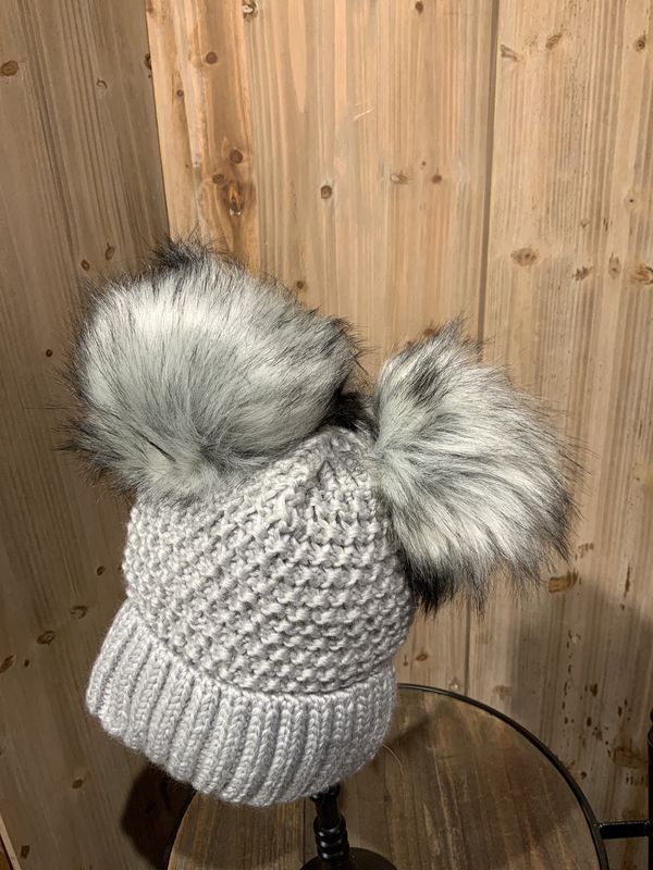Beanie, Double Faux Fur Pom Platinum