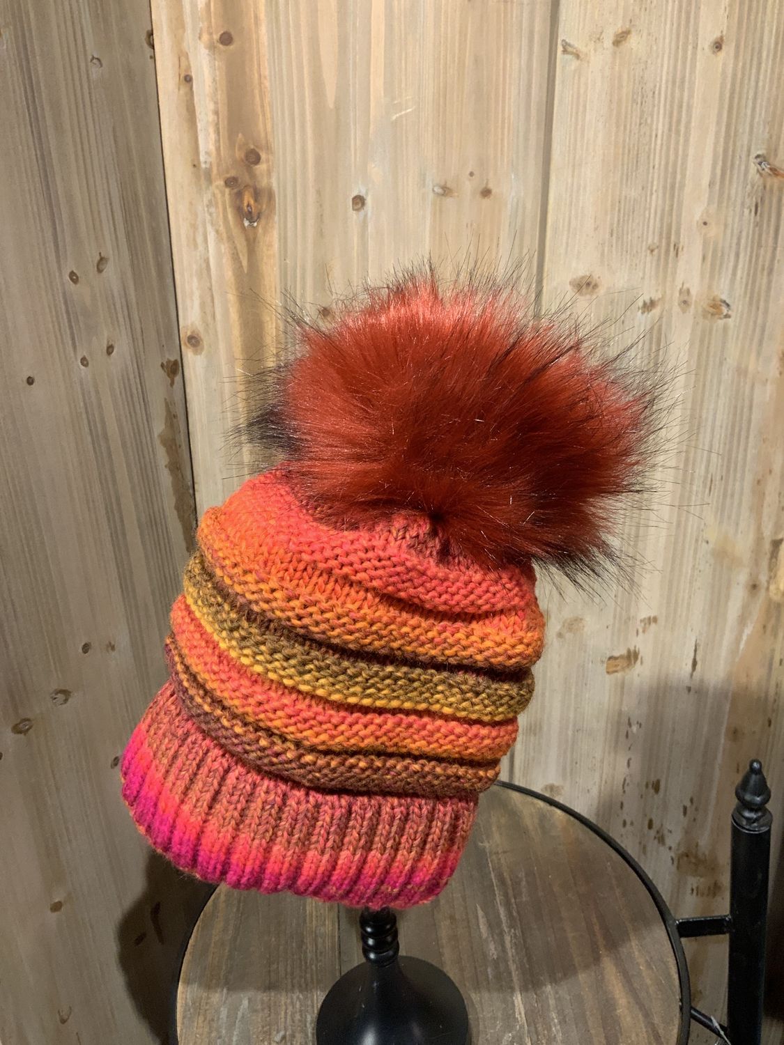 Beanie, Faux Fur Pom w/Fleece Lining Asst Colors