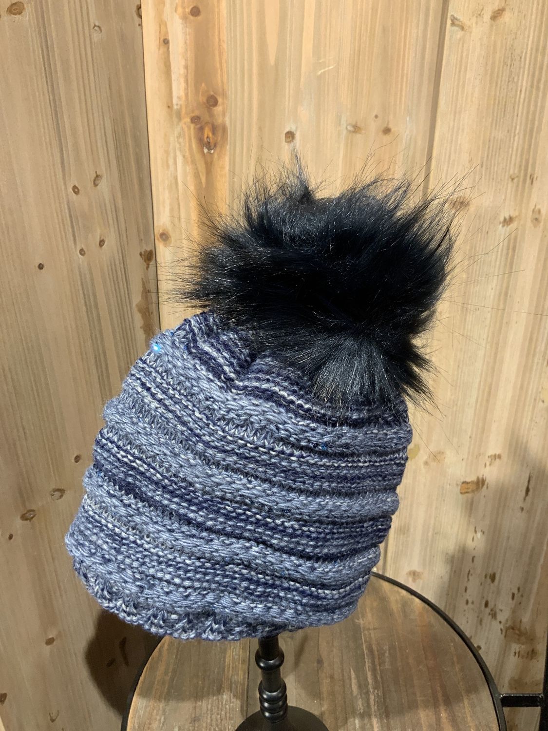 Beanie, Faux Fur Pom w/Sequins Denim