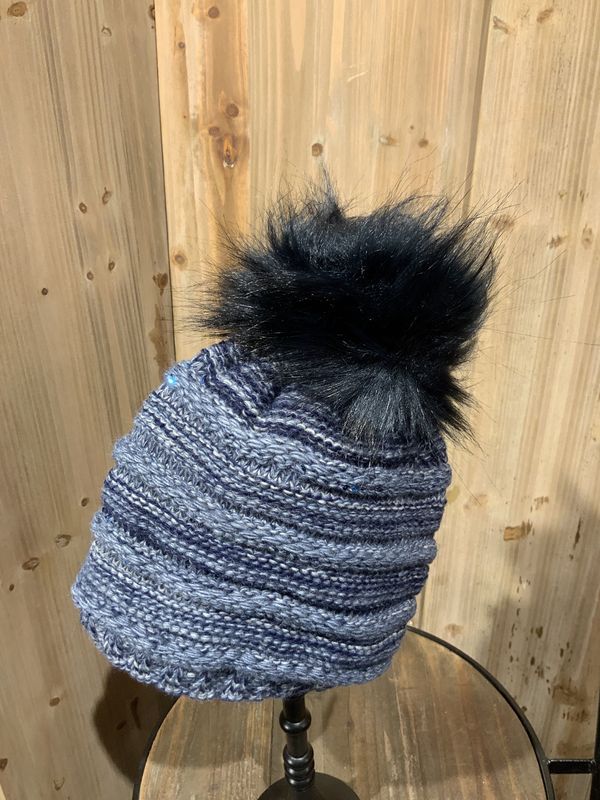 Beanie, Faux Fur Pom w/Sequins Denim