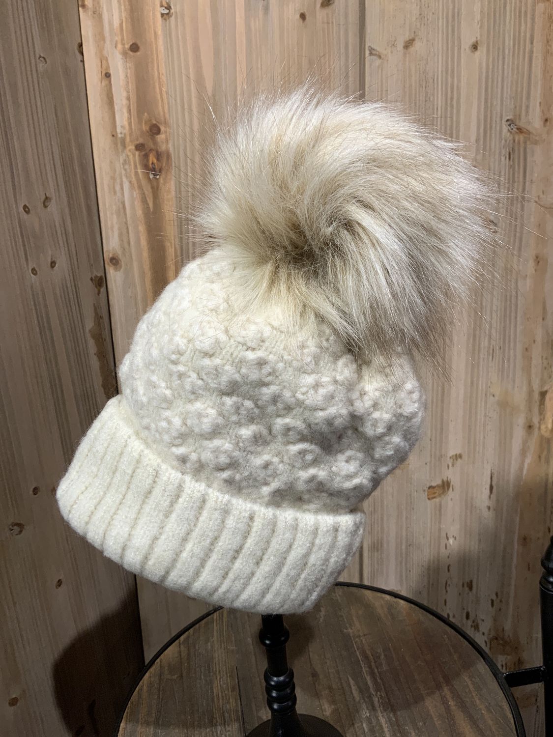Beanie, Faux Fur Pom Hat w/Fleece Lining Asst Colors