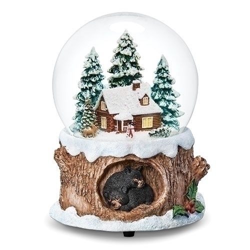 Snow Globe, 5&quot; Musical Cabin w/Black Bear Base
