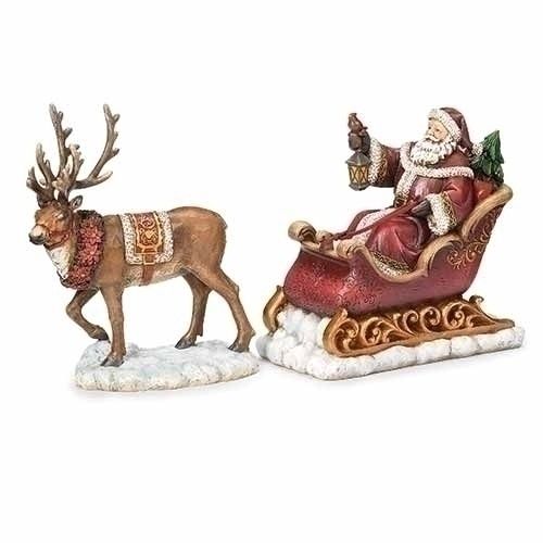 Santa, 8&quot; 2pc Deer/Sleigh Red Woodgrain w/Snow Base
