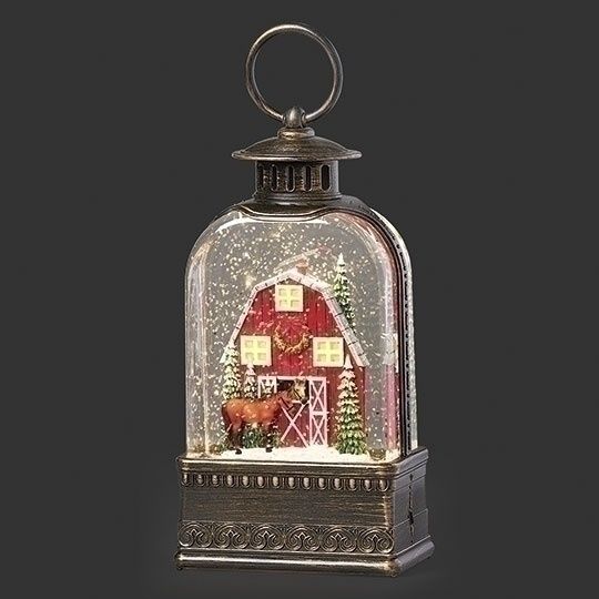 Snow Globe, 8.25&quot; Lighted Lantern Horse Barn Bronze