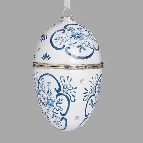 Ornament, 5&quot; Open Egg Blue/White