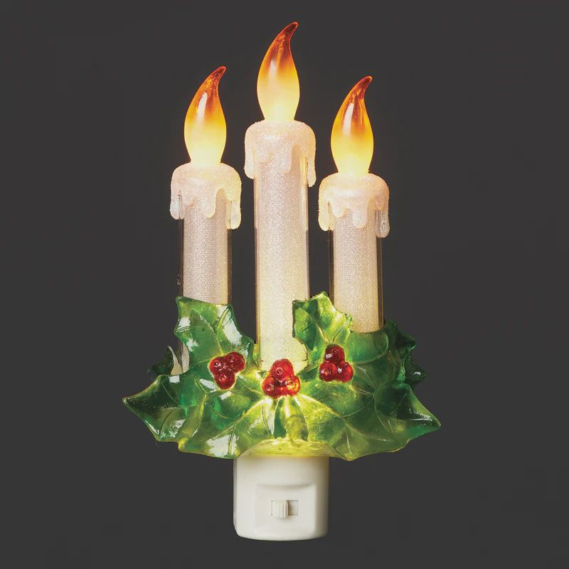 Night Light, 3 Candles 7.7" w/holly