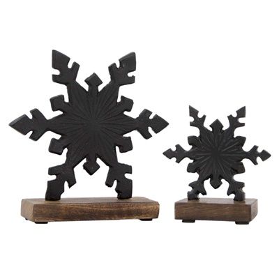 Figurine, Set/2 Black Metal Snowflakes on Stands 4.5"/7"