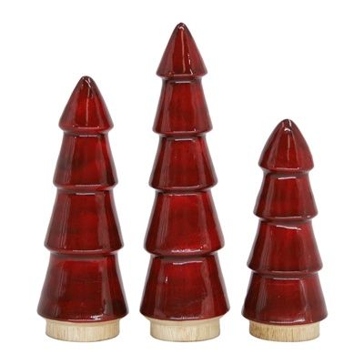 Trees, Set/3 Wood w/Ruby Red Enamel Lg is 7&quot;
