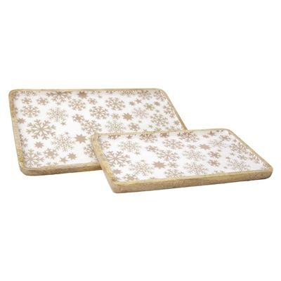 Tray, Set/2 Snowflake Enamel Rectangular Wood