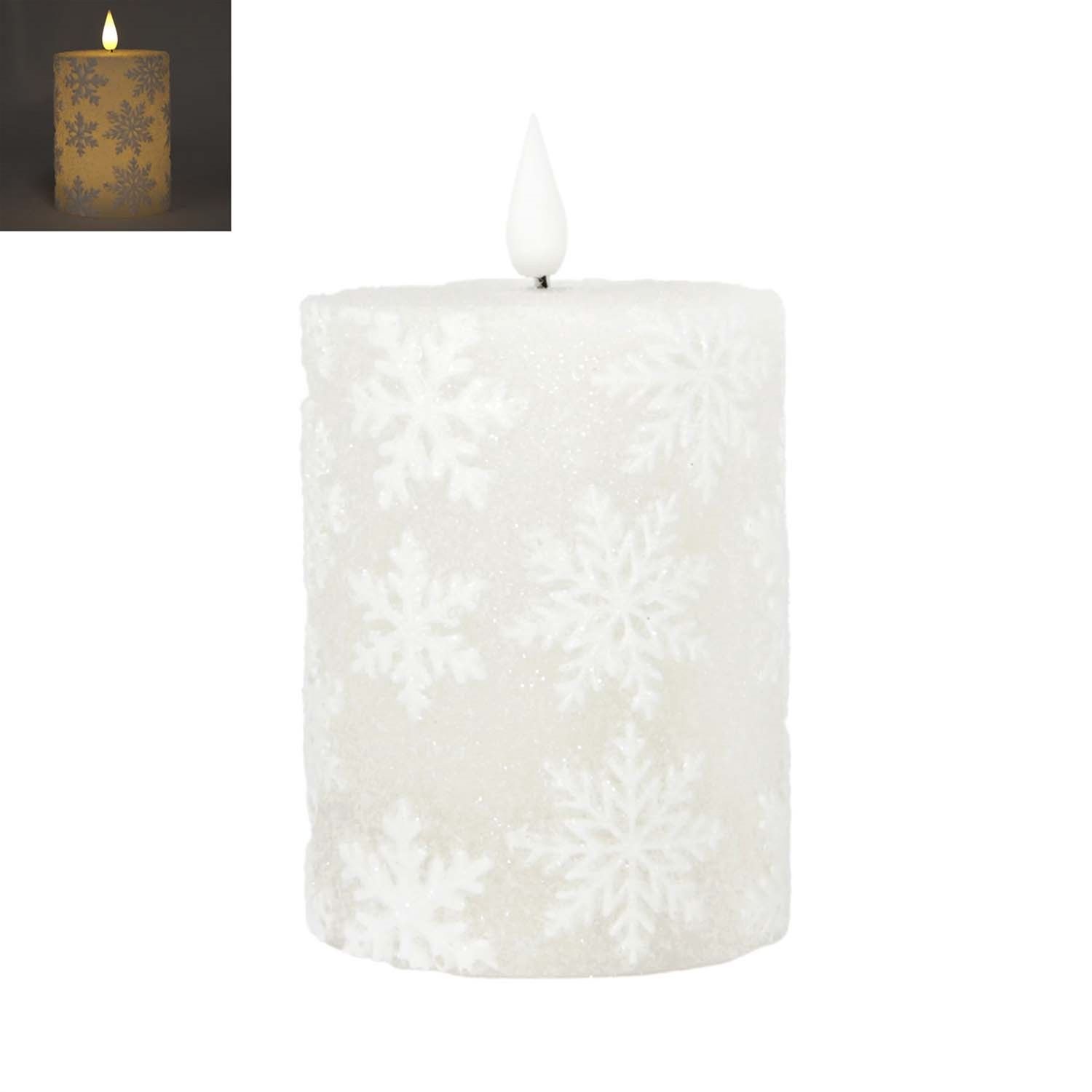 Candle, White Snowflake LED 3x4&quot;