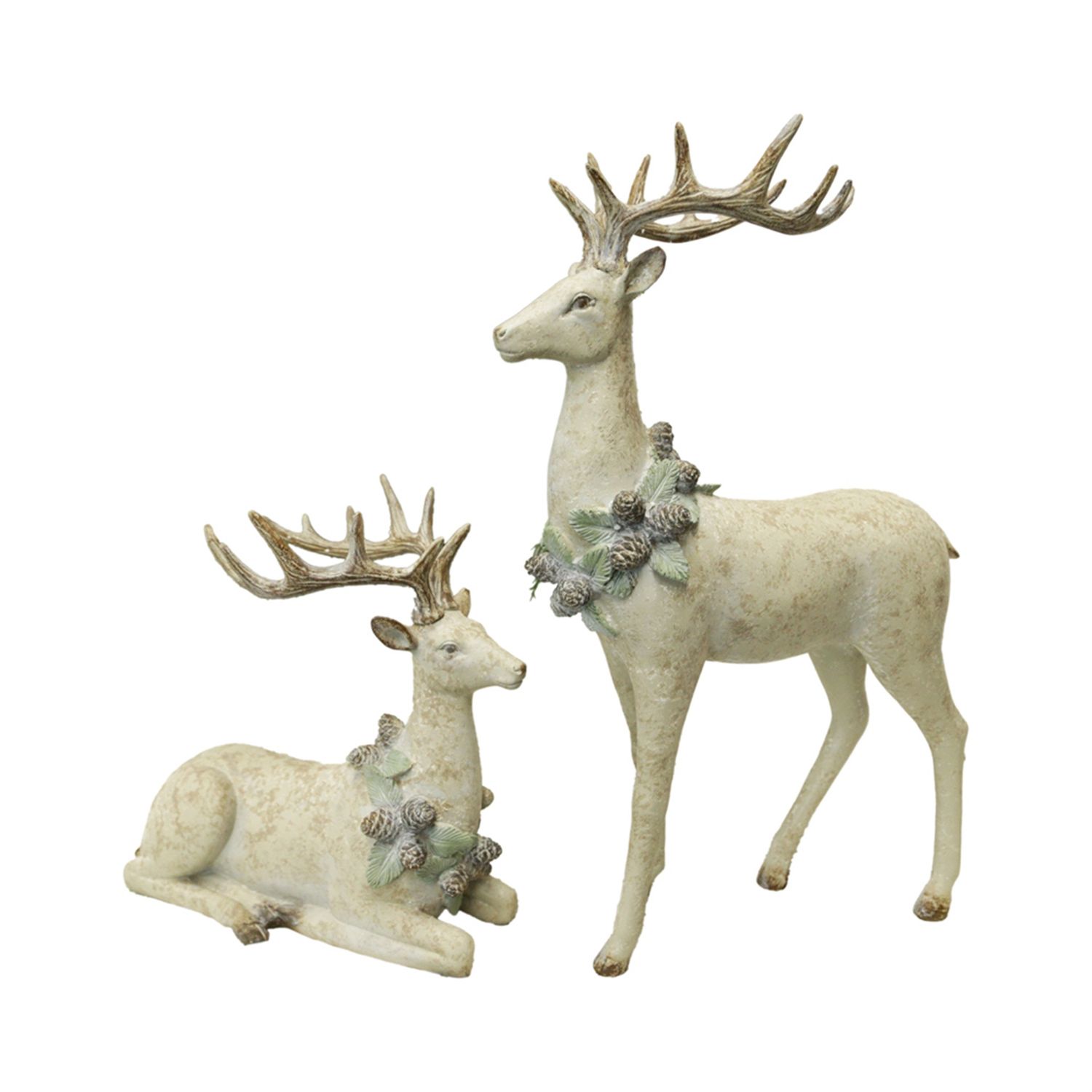 Reindeer, Lg Antique Ivory w/Pinecone Neck Wreath Set/2