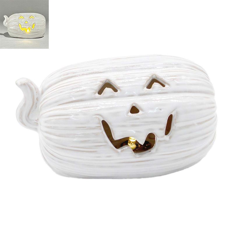 Pumpkin, Lighted White Jack O&#39;Lantern Laying 5.5&quot; Ceramic