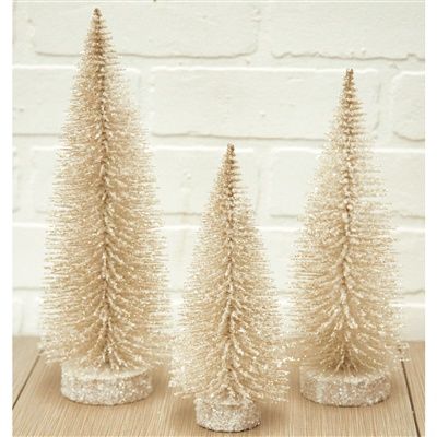 Trees, Set/3 Champagne Glitter Bottle Brush 6.5&quot;/10&quot;/12&quot;