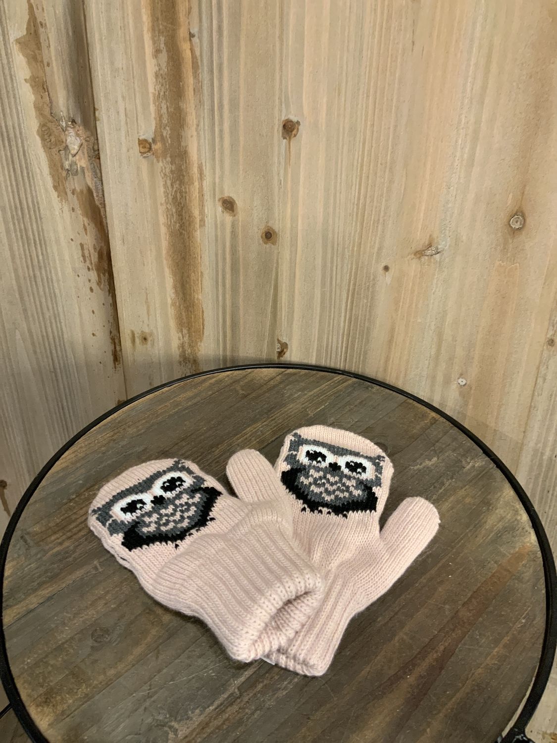 Child Mittens, Pink w/Gray Owl