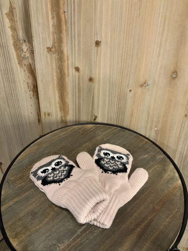 Child Mittens, Pink w/Gray Owl
