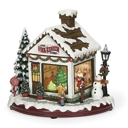 Music Box, 9&quot; Lighted Ice Cream Shop w/Santa &amp; Rotation