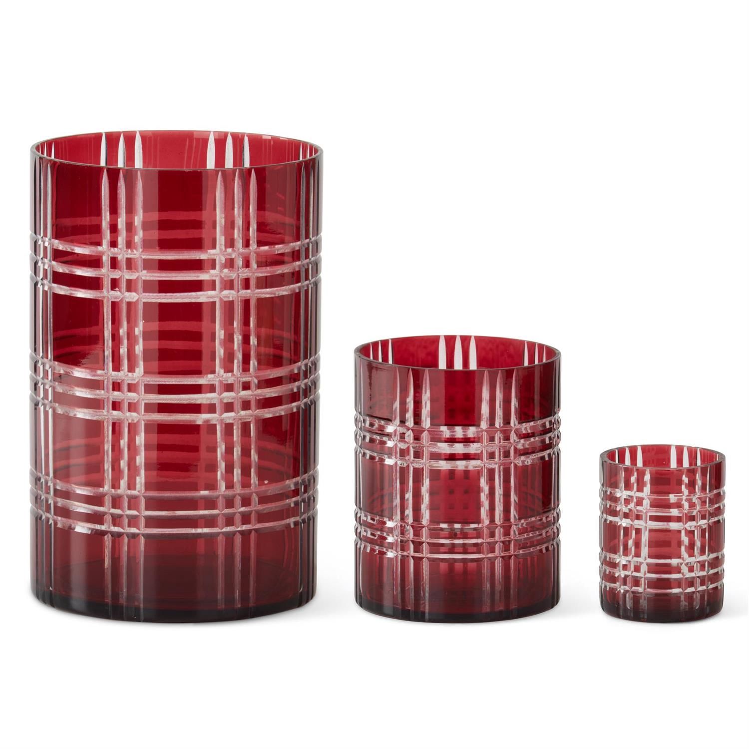 Candle Holder, Set/2 Red Windowpane Etched Glass 4/6.25"
