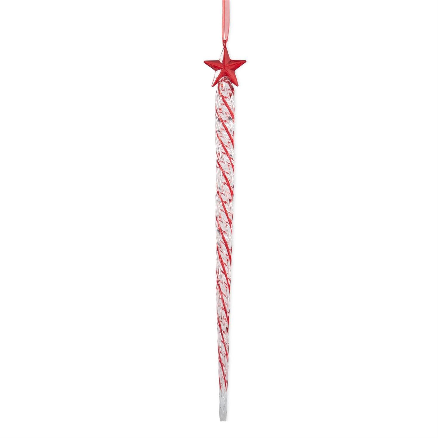 Ornament, 16&quot; Red &amp; White Stripe Glass Icicle w/Red Star