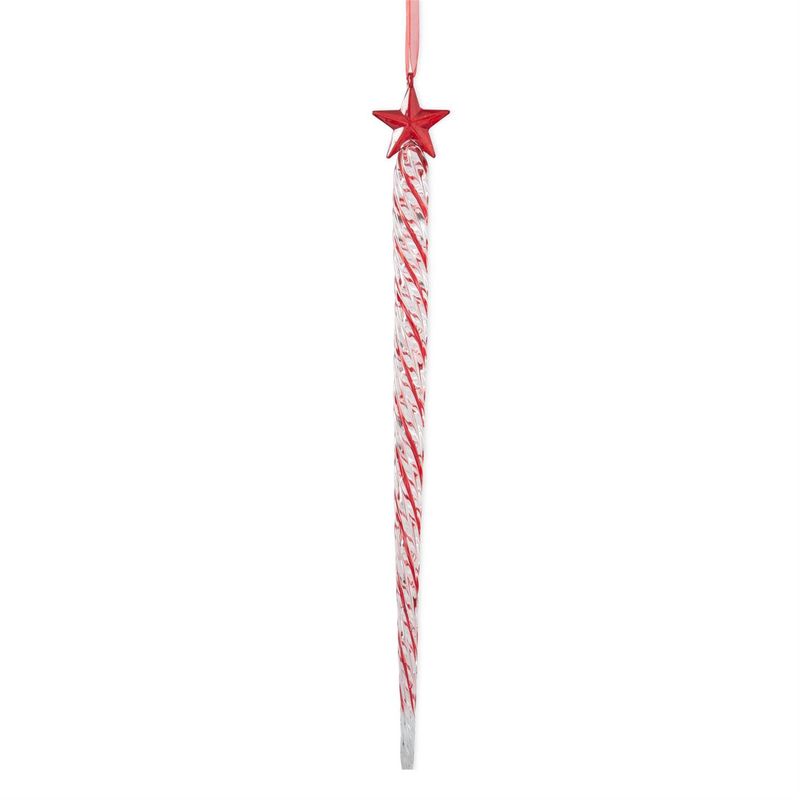 Ornament, 16&quot; Red &amp; White Stripe Glass Icicle w/Red Star