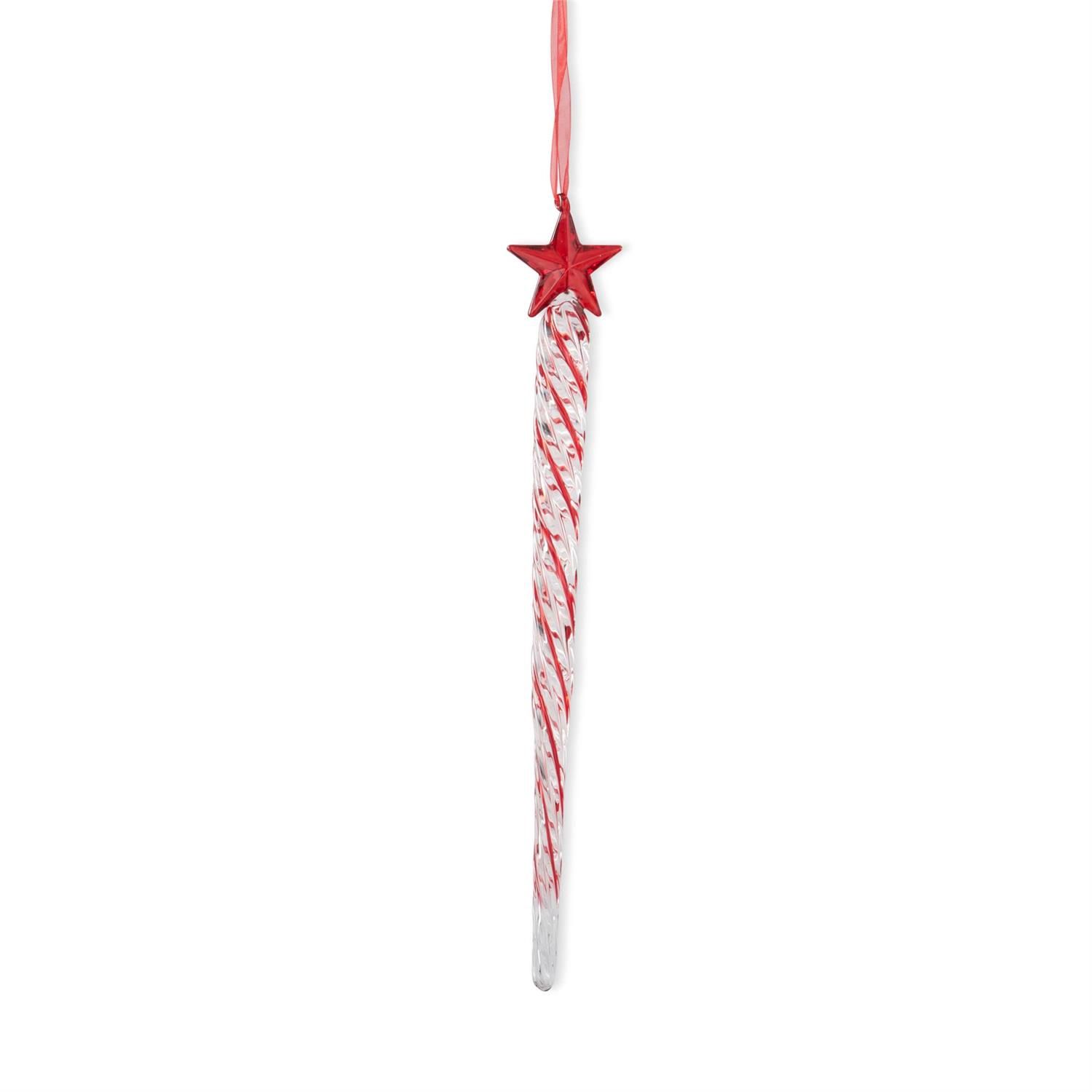 Ornament, 12" Red &amp; White Strip Glass Icicle w/Red Star
