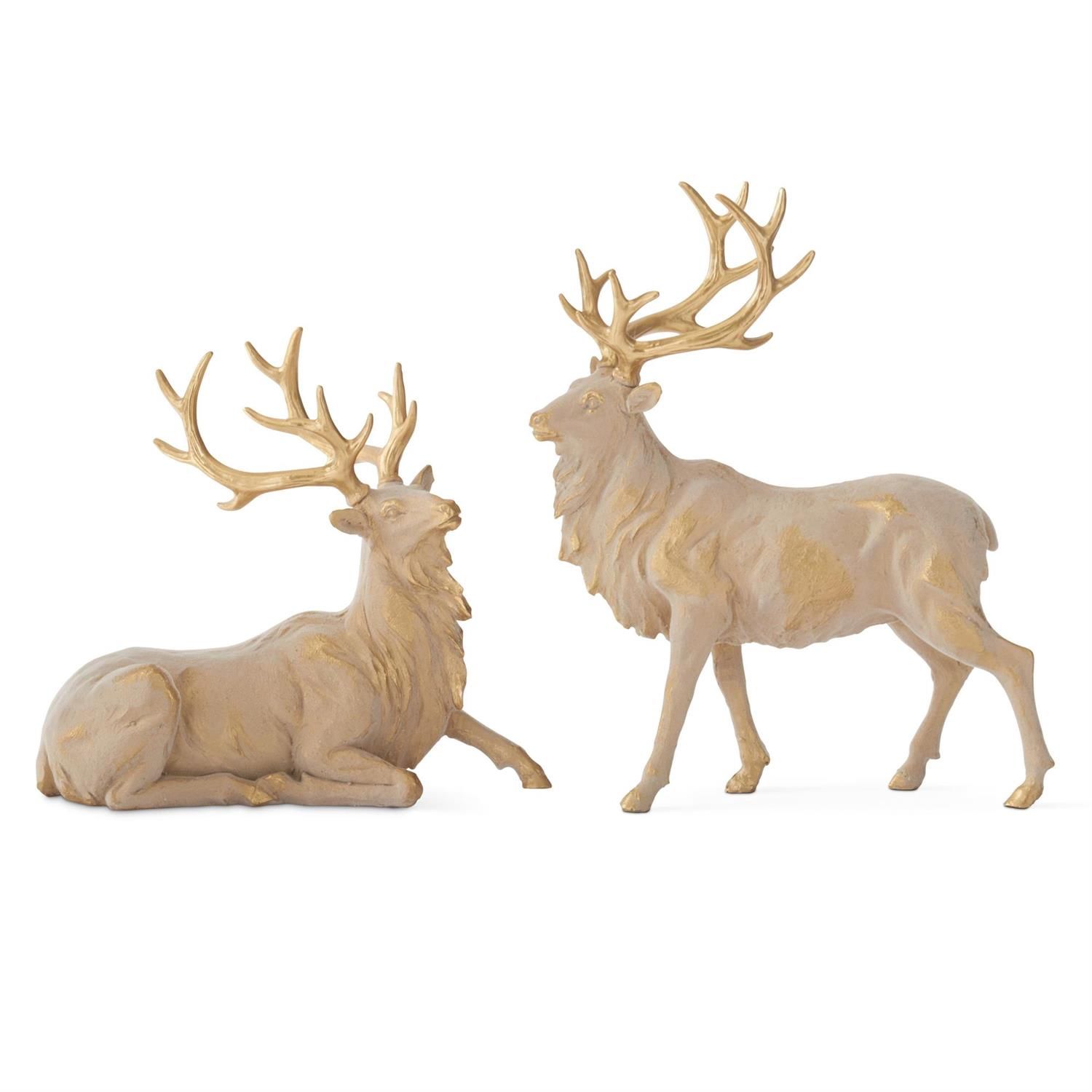 Deer, Set/2 Tan &amp; Gold Flocked 9.5"/12.75"
