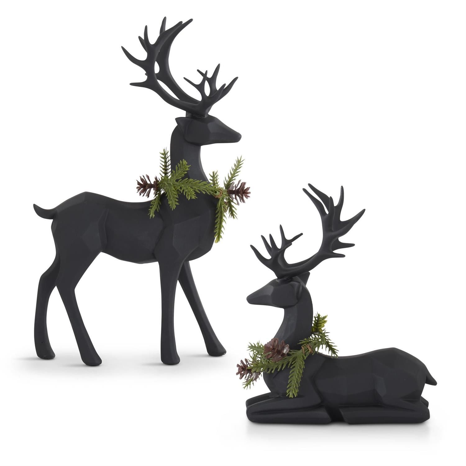 Deer, Set/2 Black Modern w/Pine Wreath 7.75/11.25"